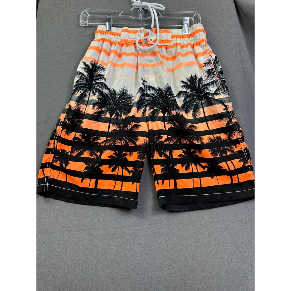 Kailua Surf Men's Board Shorts Small Orange White Striped Palm‎ Tree Swim Trunks